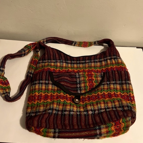 Mexican Shoulder Bag Tote Multi Color Yarn Stitched Blanket Boho Hippie - Picture 1 of 9